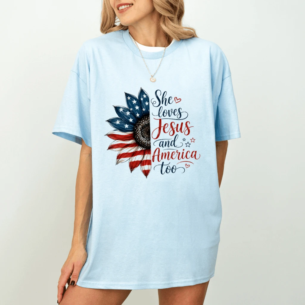 She Loves Jesus and America Sunflower USA Flag T-Shirt - Cute 4th of July Patriotic Gift for Her - detail view