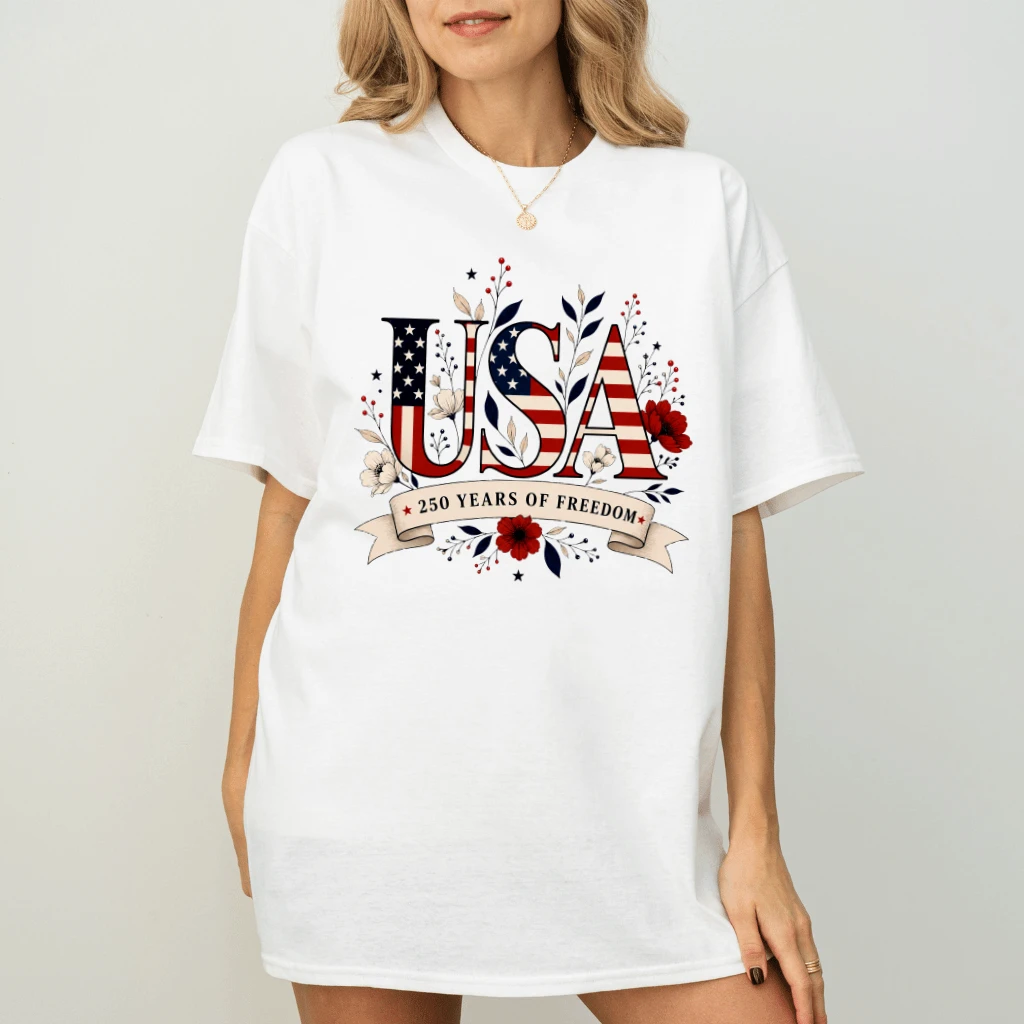 Floral USA Flag 250 Years Of Freedom T-Shirt - Ideal Patriotic Gift for Her - back view