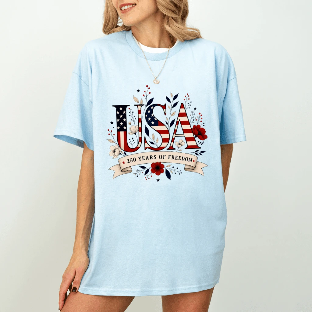 Floral USA Flag 250 Years Of Freedom T-Shirt - Ideal Patriotic Gift for Her - detail view