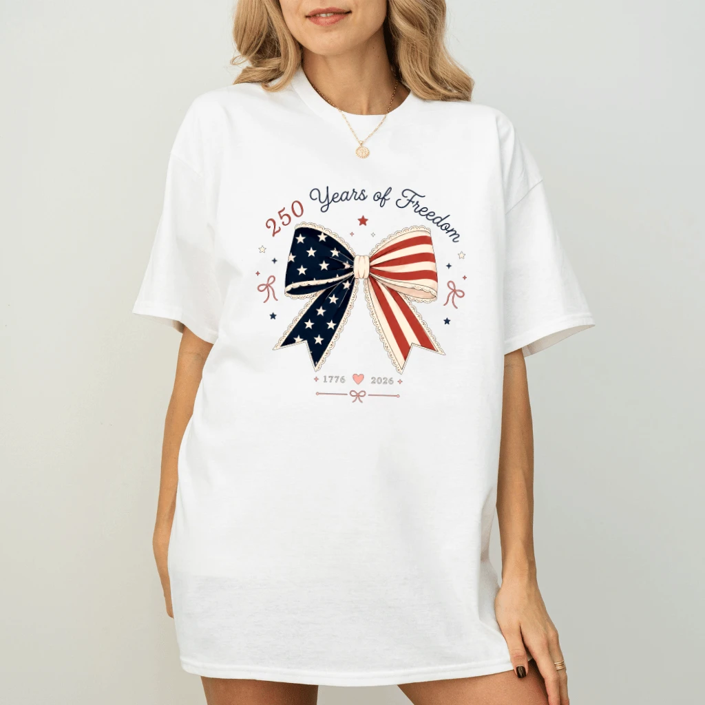 Vintage Coquette Bow USA 250 Years of Freedom T-Shirt - Patriotic Gift for Her - back view