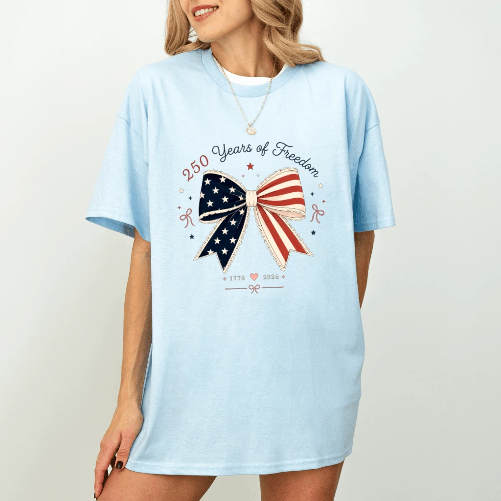 Vintage Coquette Bow USA 250 Years of Freedom T-Shirt - Patriotic Gift for Her - detail view