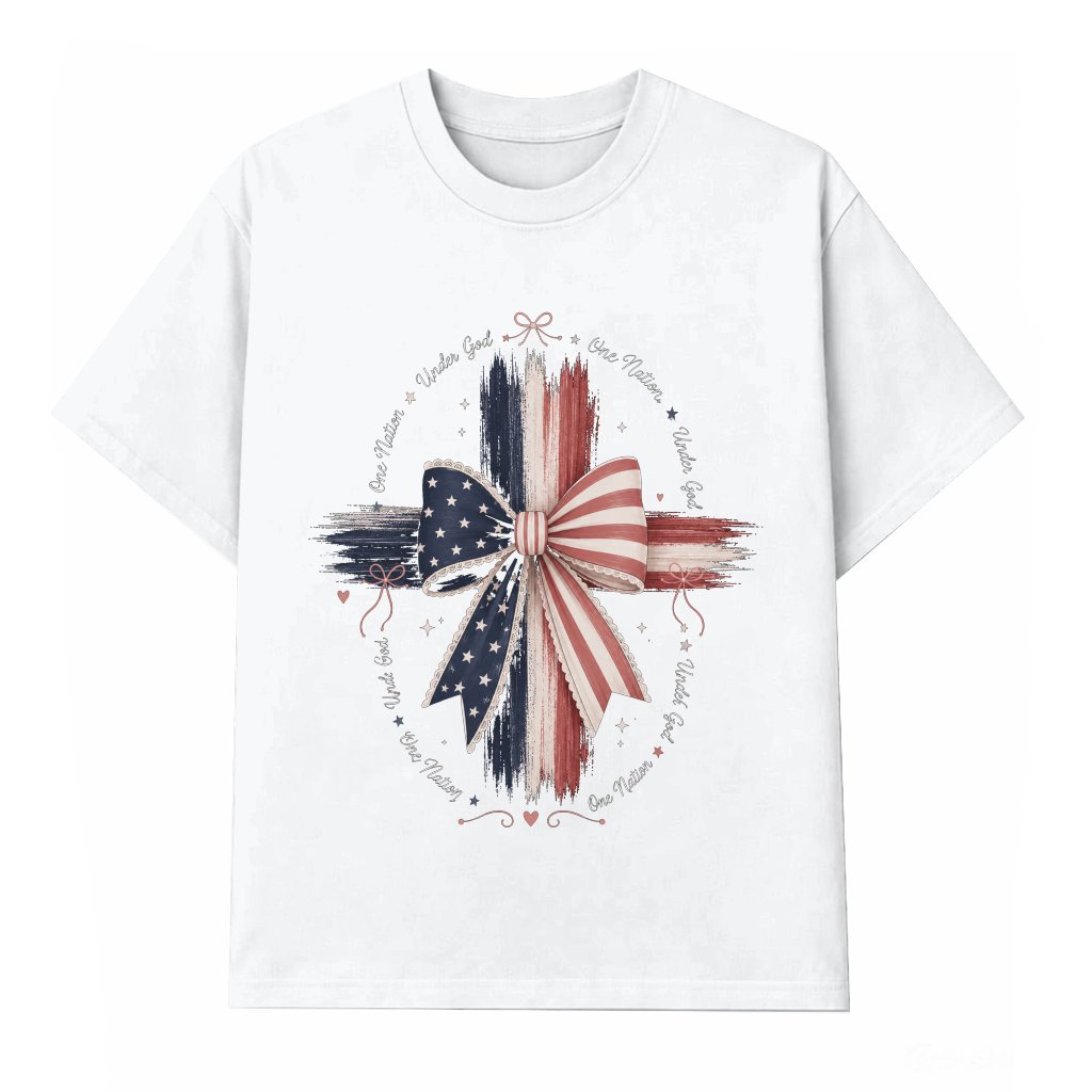One Nation Under God USA Patriotic Christian T-Shirt - America Bible Cross Faith Gift for Women - front view