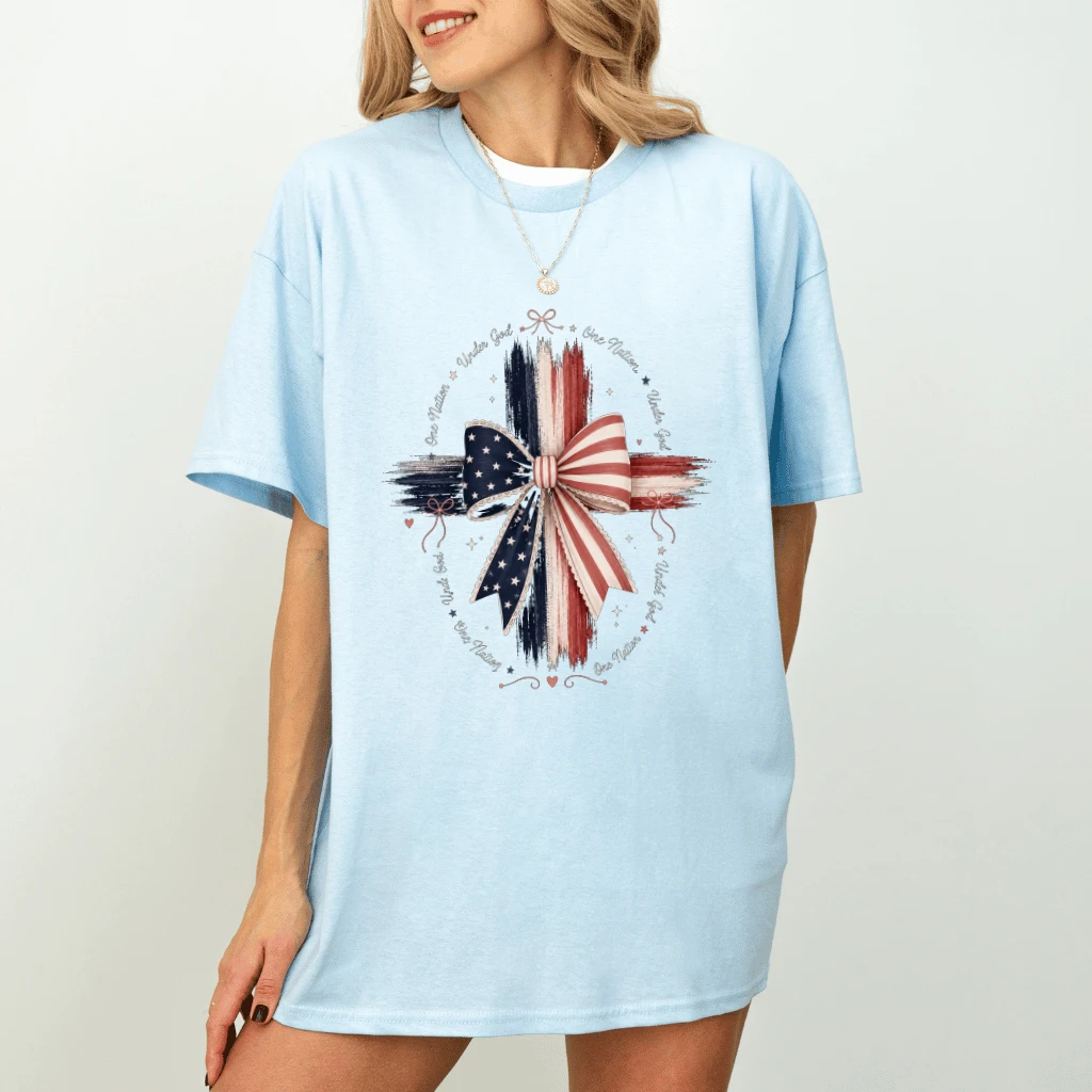 One Nation Under God USA Patriotic Christian T-Shirt - America Bible Cross Faith Gift for Women - detail view