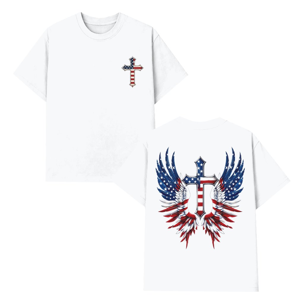 One Nation Under God American Flag Christian Cross T-Shirt - Eagle Wing Patriotic Christian Gift for 4th of July - front view
