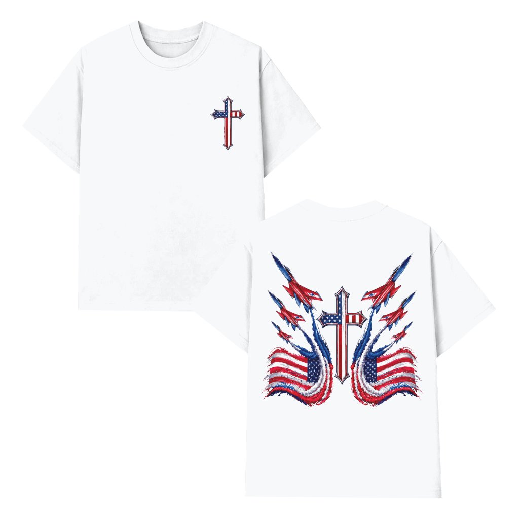 USA Fighter Jets 4th of July Patriotic Christian T-Shirt - Independence Day Gift for Him & Her - front view