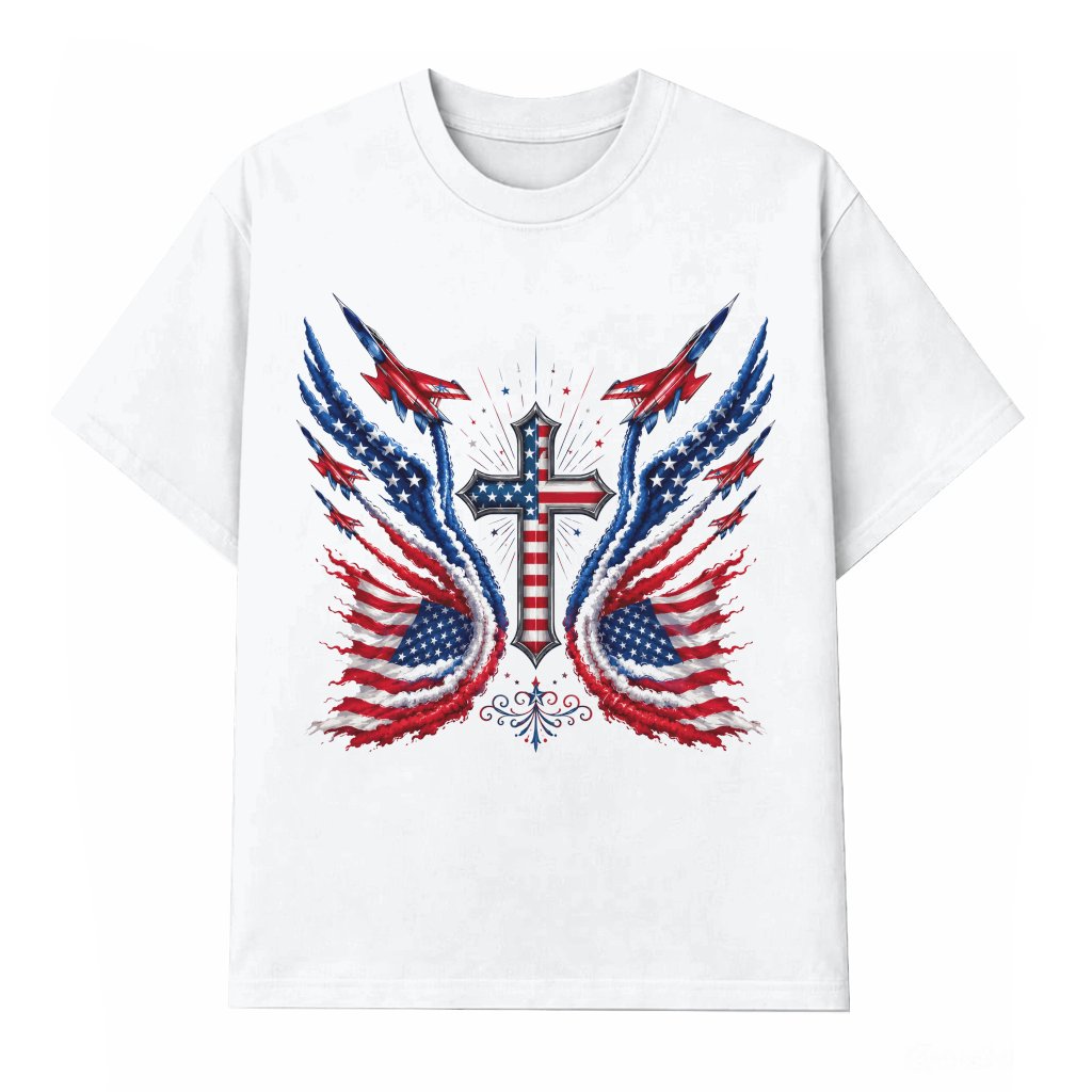USA Fighter Jets 4th July Christian Cross T-Shirt - Ideal Patriotic Christian Gift for Her - front view