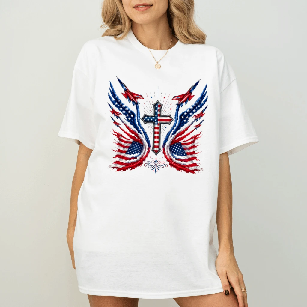 USA Fighter Jets 4th July Christian Cross T-Shirt - Ideal Patriotic Christian Gift for Her - back view
