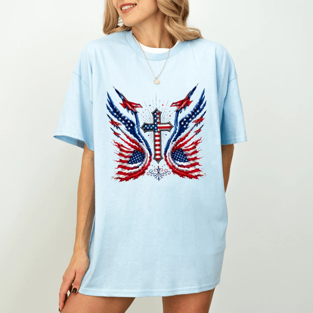 USA Fighter Jets 4th July Christian Cross T-Shirt - Ideal Patriotic Christian Gift for Her - detail view