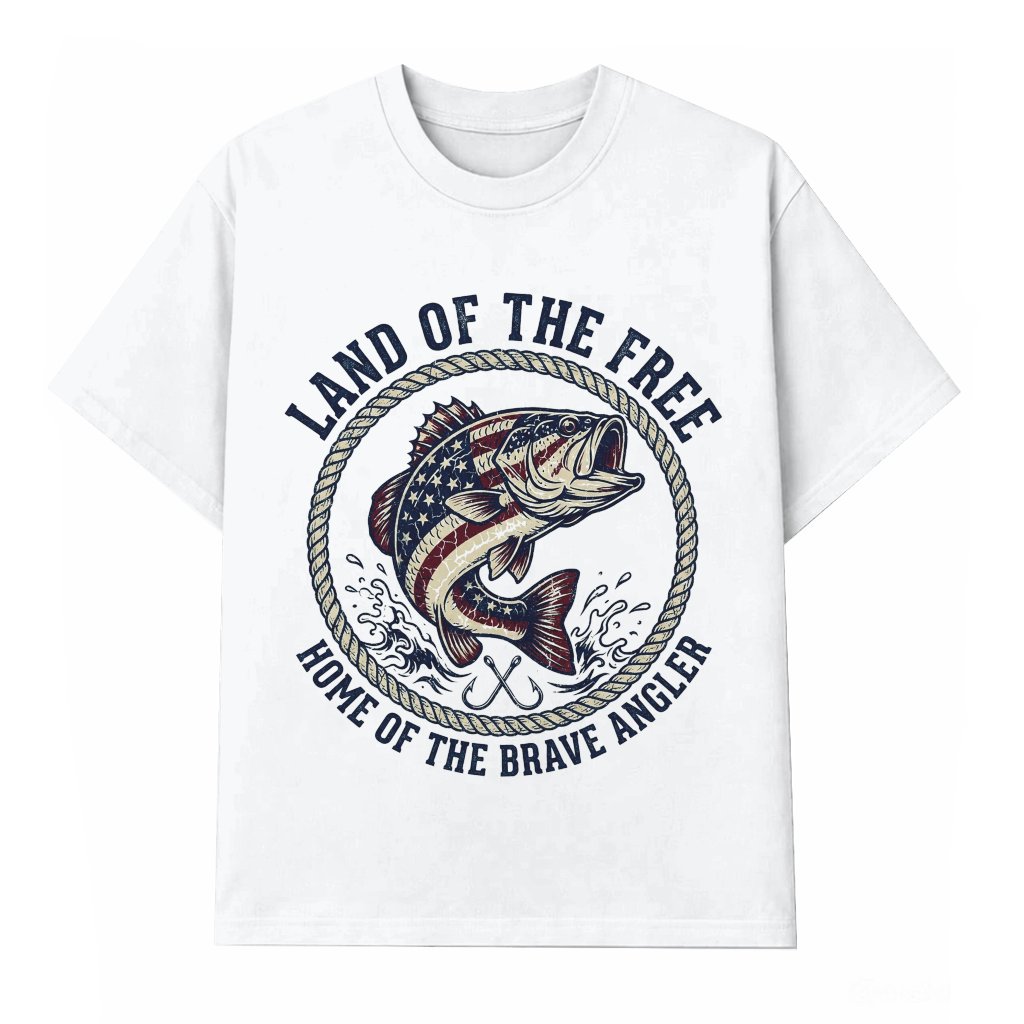 Land of The Free Retro USA Flag Bass Fishing T-Shirt - Ideal Patriotic Gift for Fishing Lover - front view