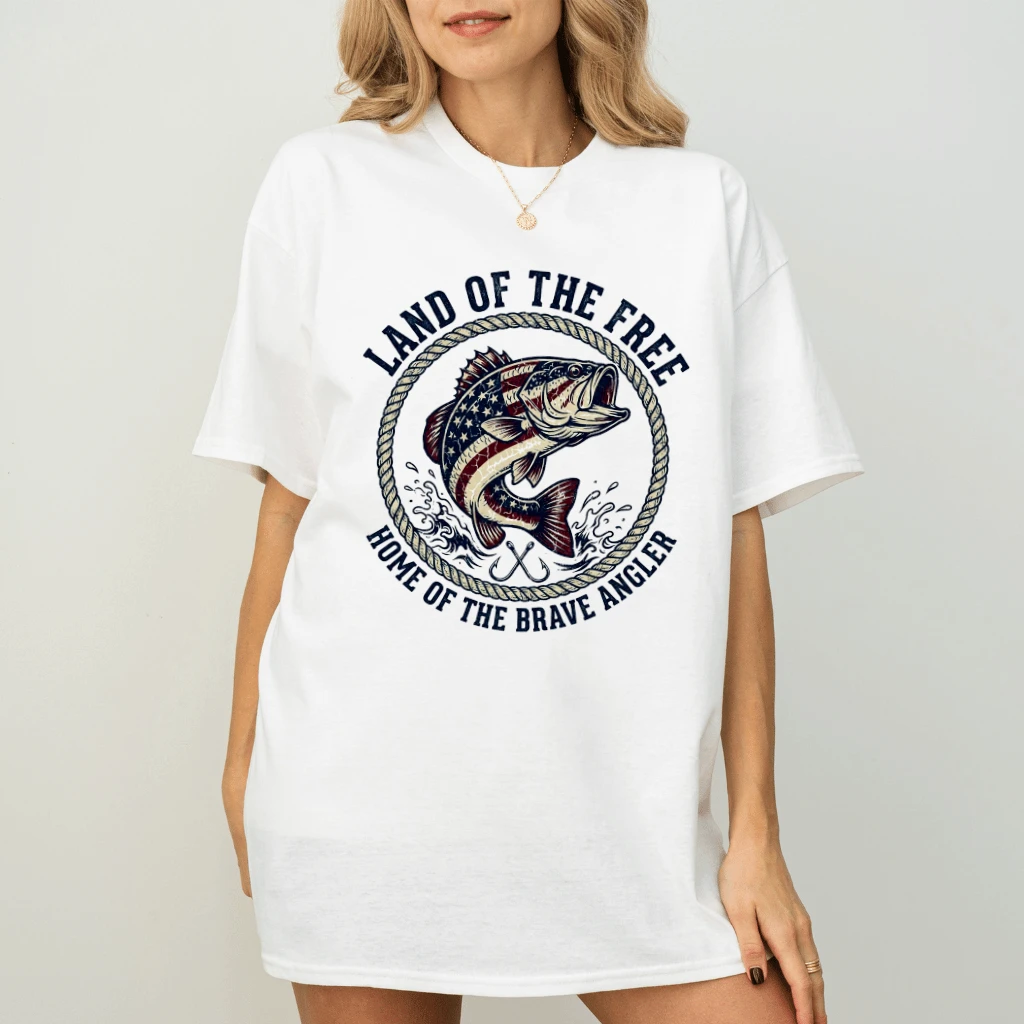 Land of The Free Retro USA Flag Bass Fishing T-Shirt - Ideal Patriotic Gift for Fishing Lover - back view