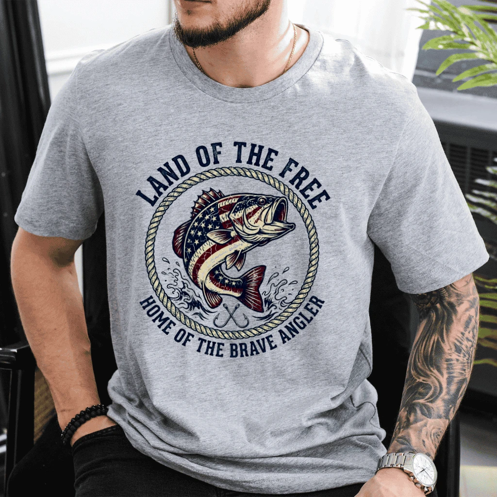 Land of The Free Retro USA Flag Bass Fishing T-Shirt - Ideal Patriotic Gift for Fishing Lover - detail view