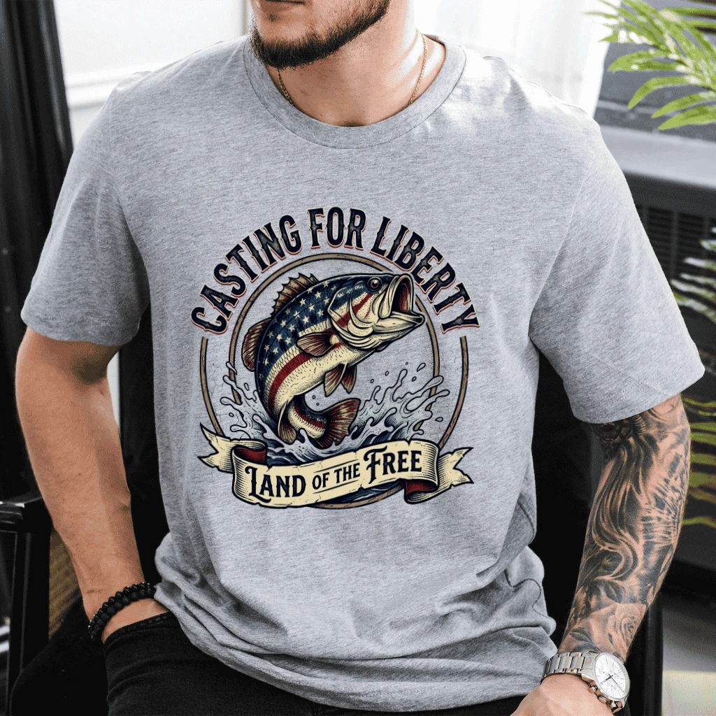Casting For Liberty America Flag Fishing T-Shirt - 4th of July Gift for Fishing Lover - back view