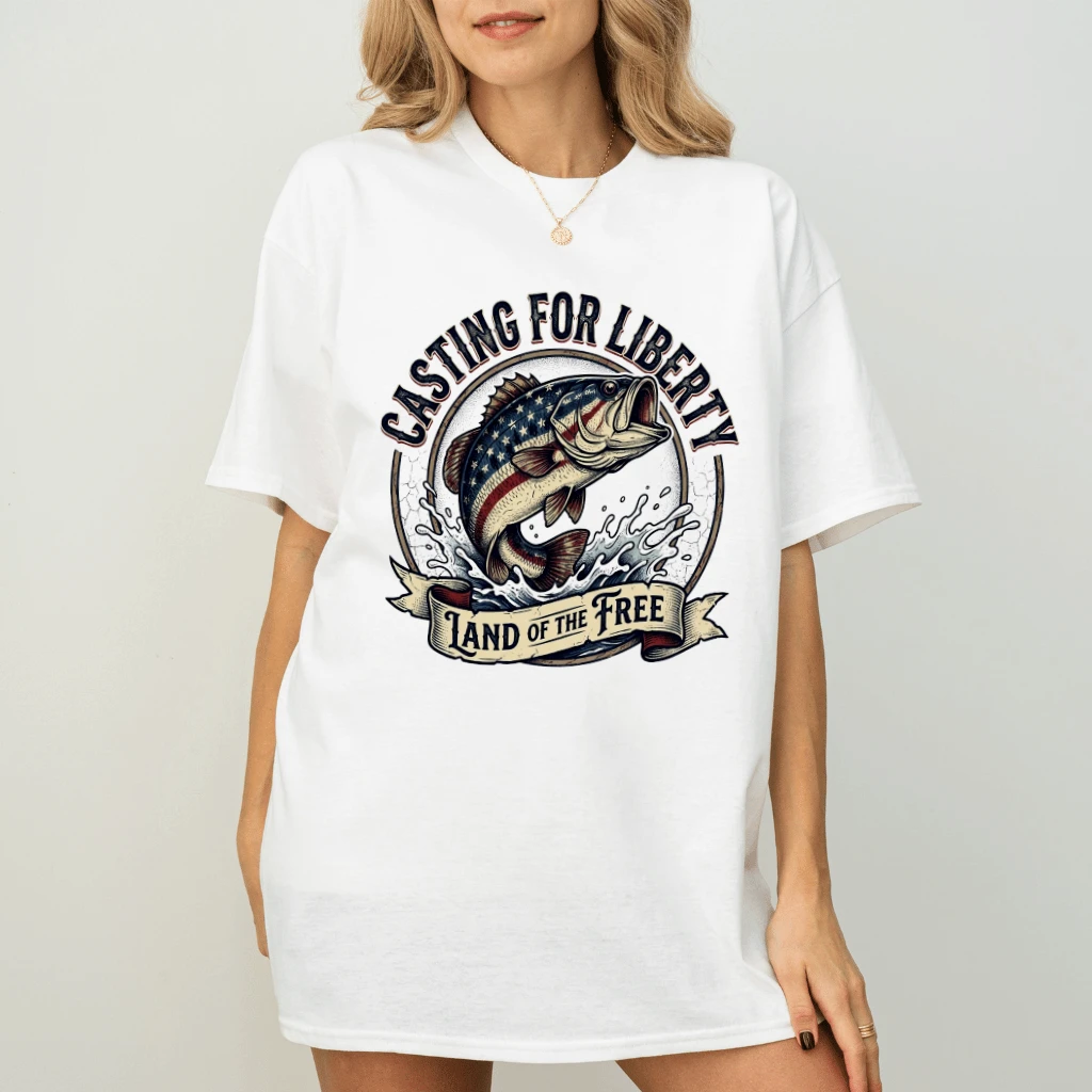 Casting For Liberty America Flag Fishing T-Shirt - 4th of July Gift for Fishing Lover - detail view