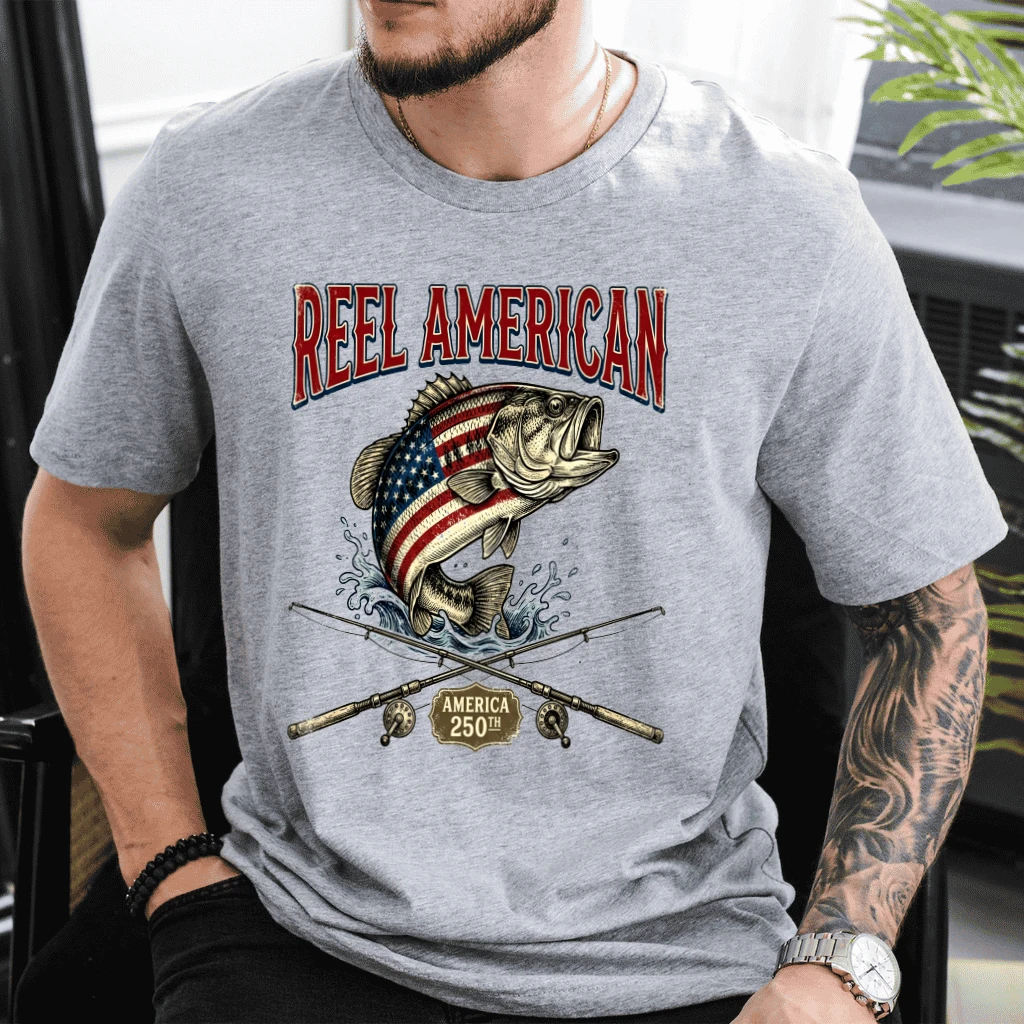 Reel American Bass Fishing T-Shirt - America 250th Anniversary Gift for Him & Her - back view