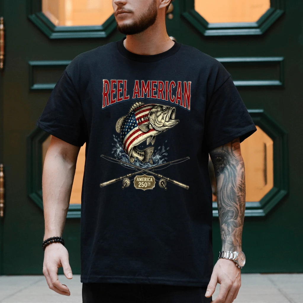 Reel American Bass Fishing T-Shirt - America 250th Anniversary Gift for Him & Her - detail view