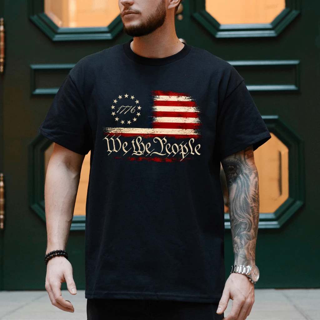 Retro USA Flag We The People T-Shirt - 1776 Patriotic Gift for Him & Her - back view