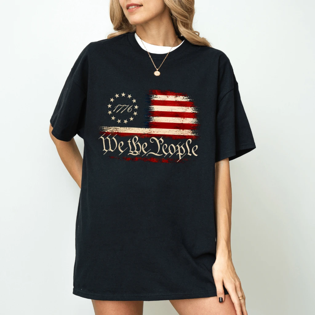 Retro USA Flag We The People T-Shirt - 1776 Patriotic Gift for Him & Her - detail view