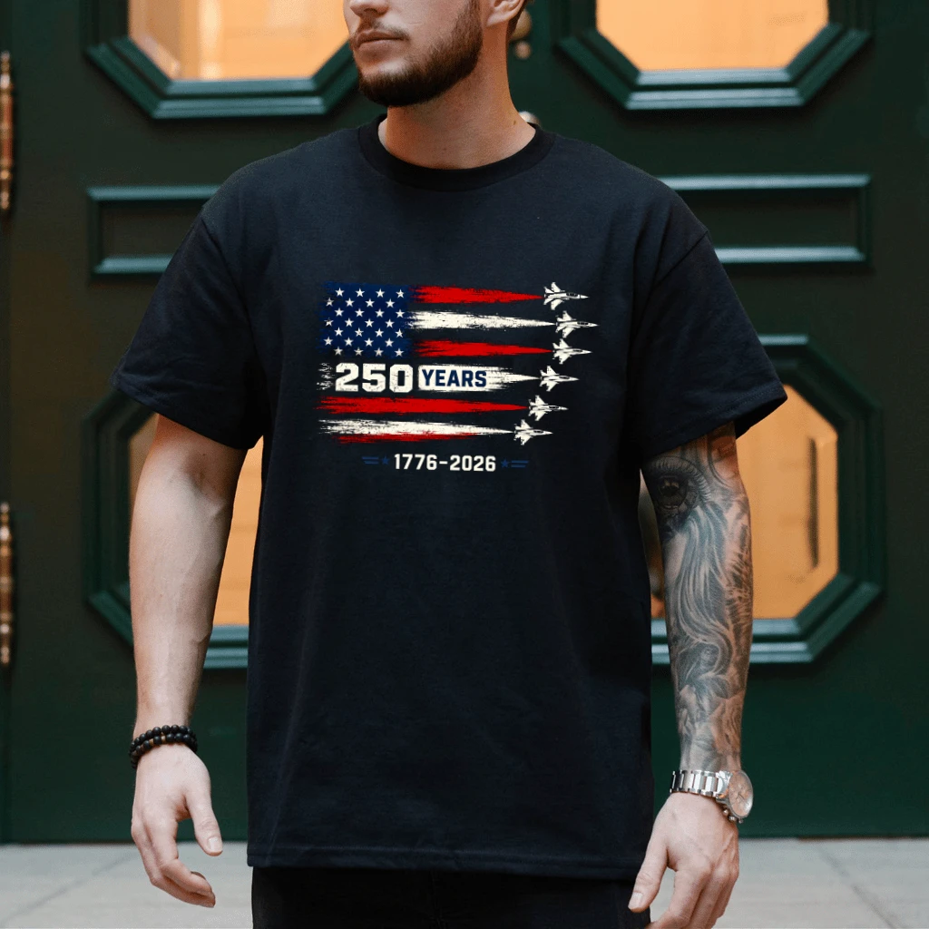 American 250 Years 4th July 2026 T-Shirt - USA Flag Fighter Jets Shirt - Independence Gift for Him & Her - back view