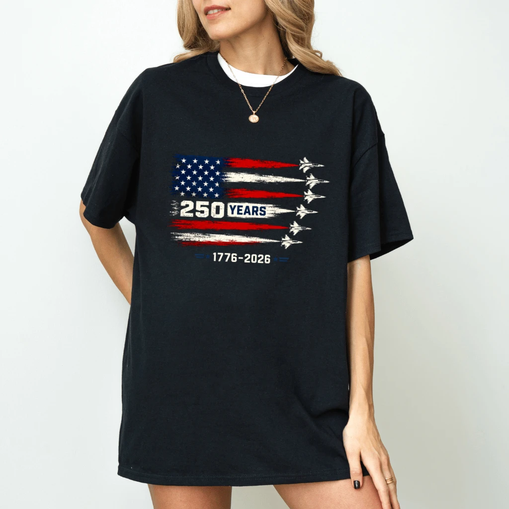 American 250 Years 4th July 2026 T-Shirt - USA Flag Fighter Jets Shirt - Independence Gift for Him & Her - detail view