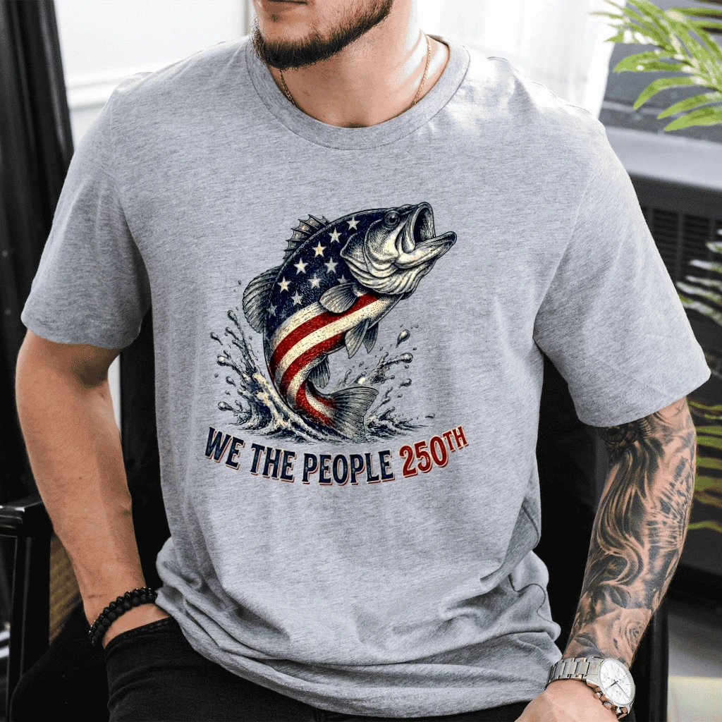 Retro American Flag Fishing We The People 250 T-Shirt - Funny Fisherman Gift for Independence Day - back view