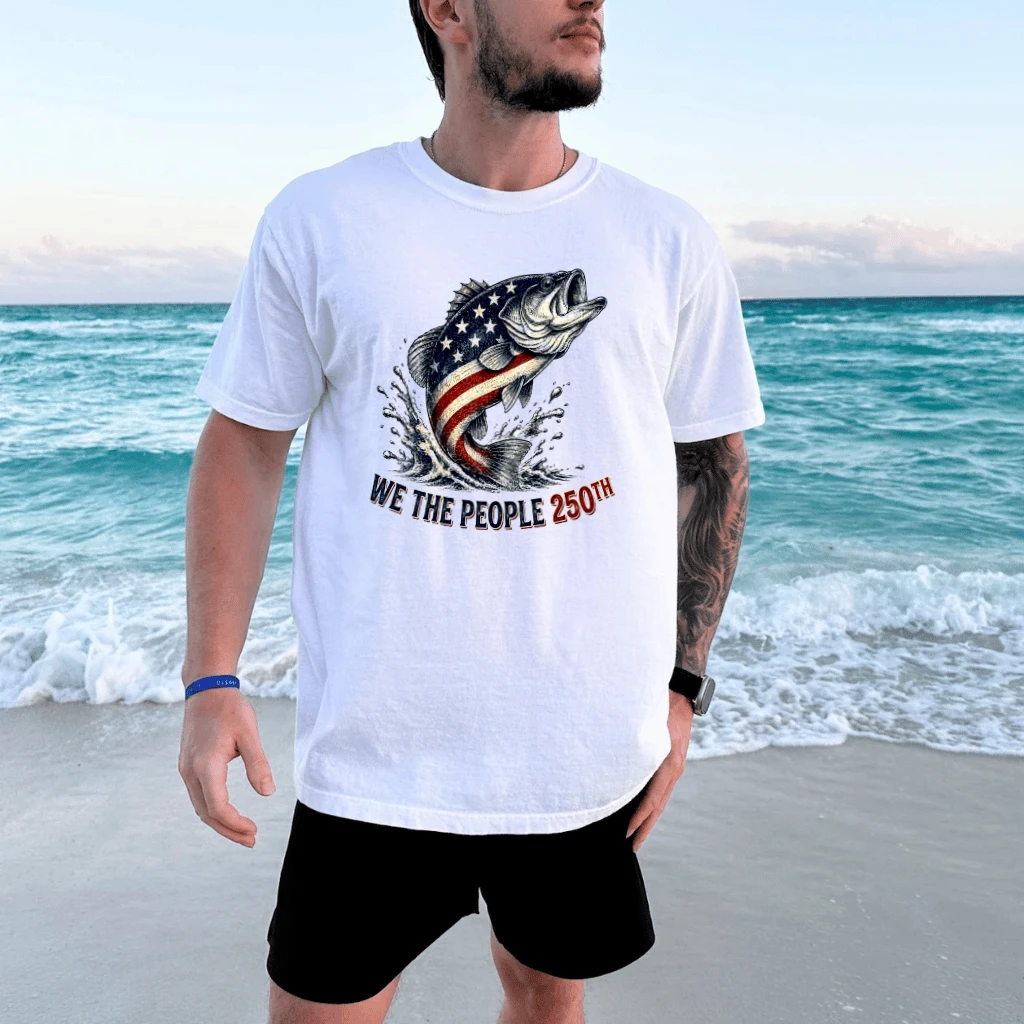 Retro American Flag Fishing We The People 250 T-Shirt - Funny Fisherman Gift for Independence Day - detail view