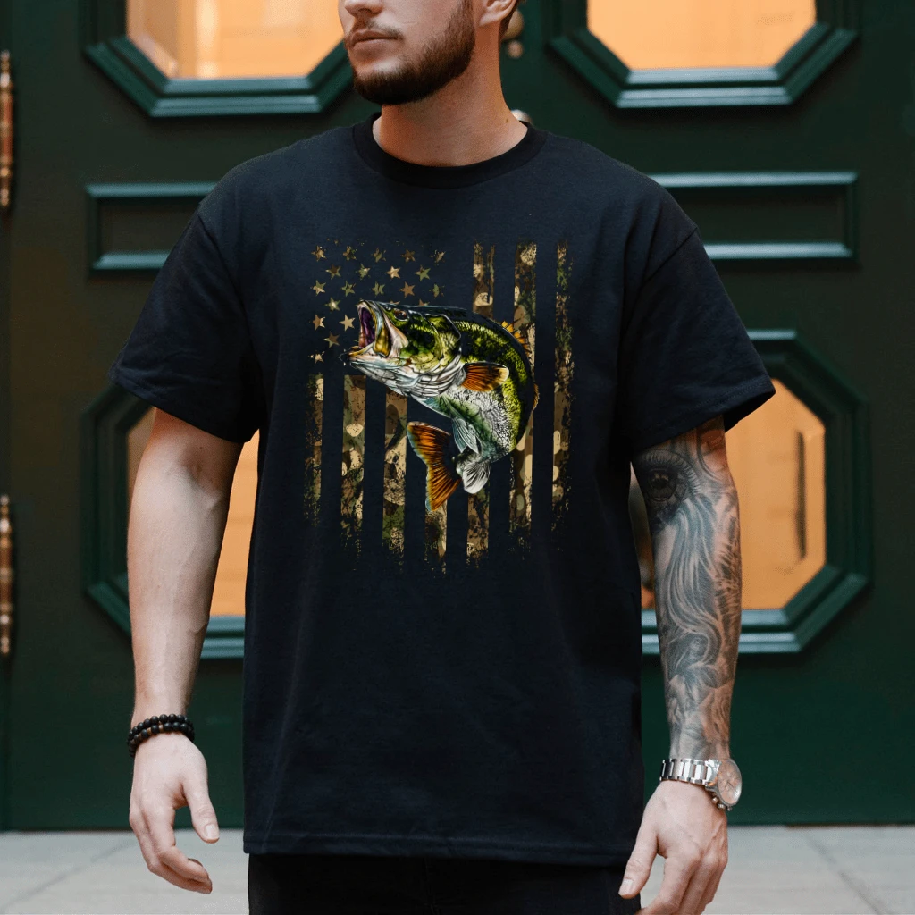 American Flag Camo Bass Fishing T-Shirt - Ideal Gift for Him Fishing Lover - back view