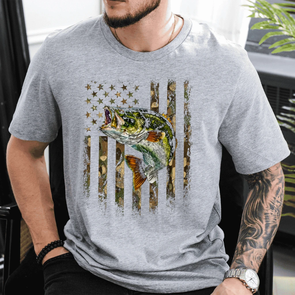 American Flag Camo Bass Fishing T-Shirt - Ideal Gift for Him Fishing Lover - detail view