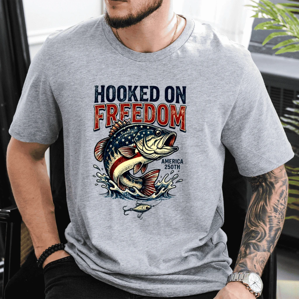 Hooked On Freedom America 250th T-Shirt - Funny 4th of July Fisherman Gift for Him - back view