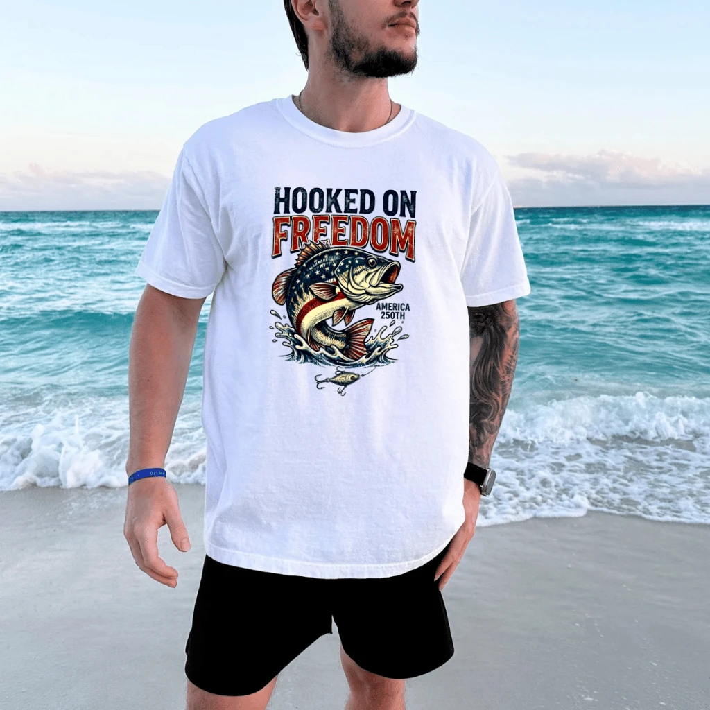Hooked On Freedom America 250th T-Shirt - Funny 4th of July Fisherman Gift for Him - detail view