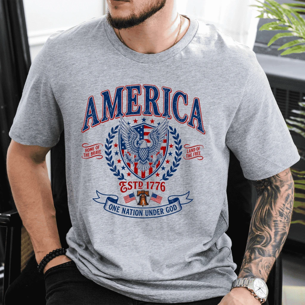 Retro America One Nation Under God T-Shirt - USA 4th of July Gift for Him & Her - detail view