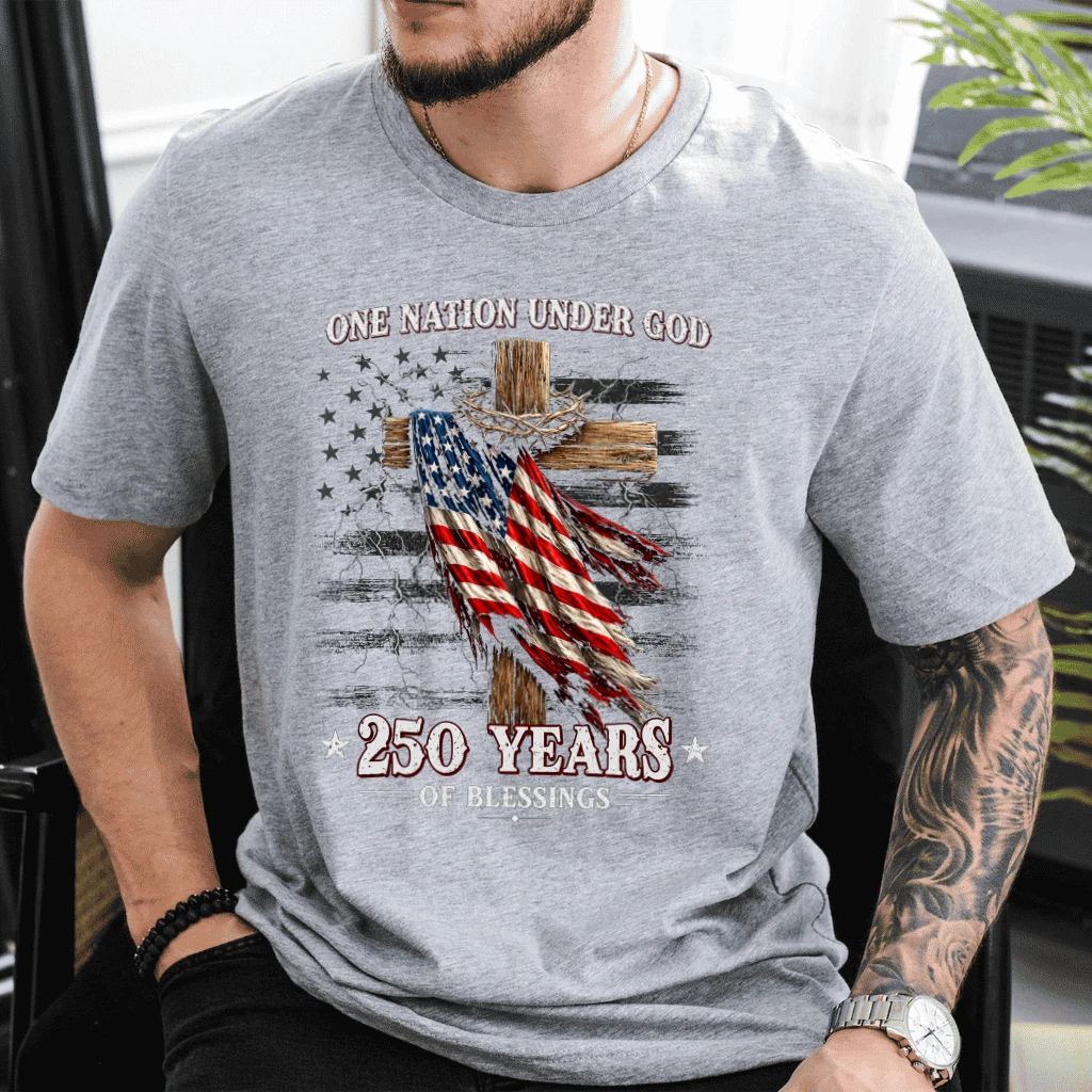 One Nation Under God T-Shirt - USA 250th Anniversary Sestercentennial Gift for Him & Her - detail view