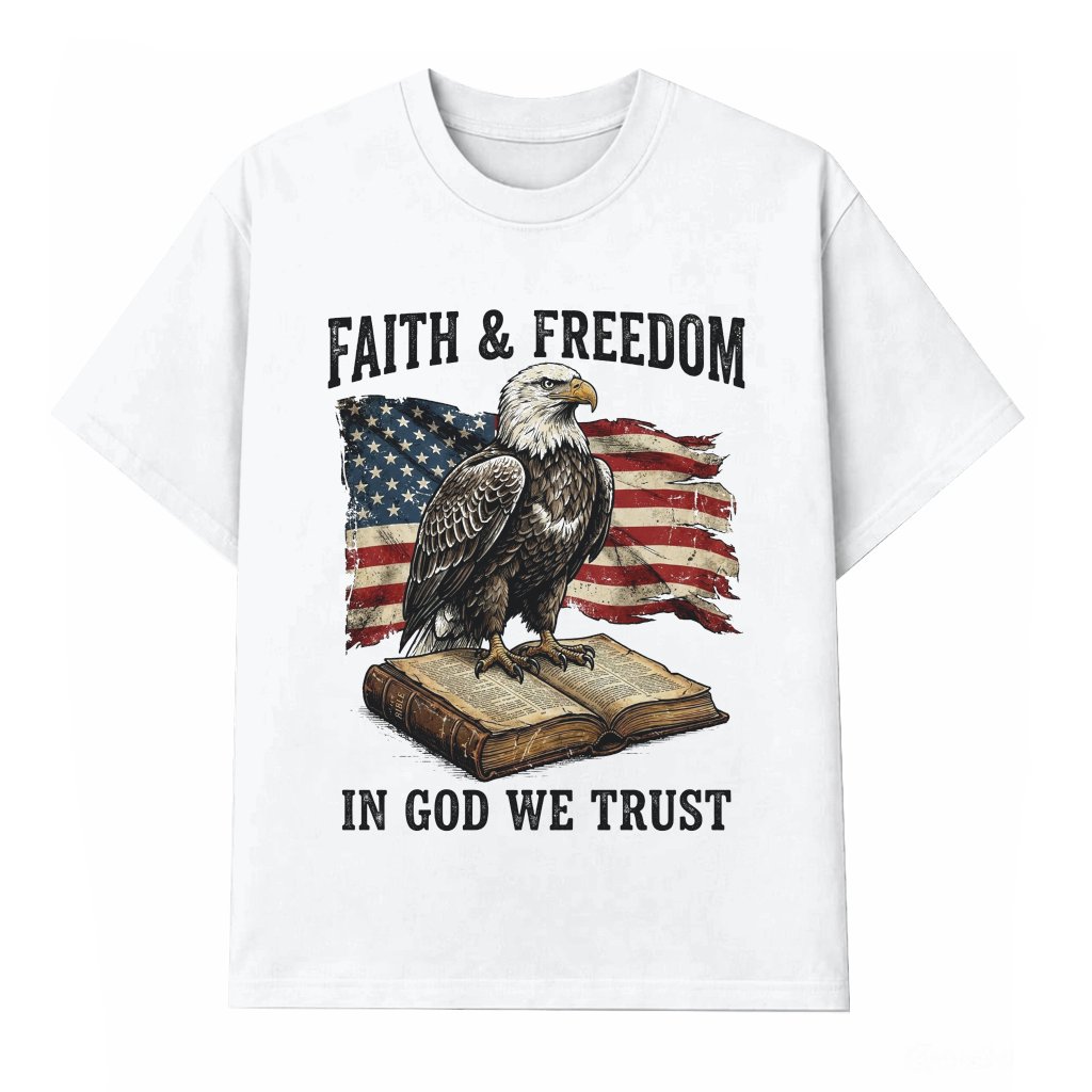 Faith & Freedom USA Patriotic Eagle T-Shirt - Inspirational Bible Verse 4th of July Gift for Him & Her - front view
