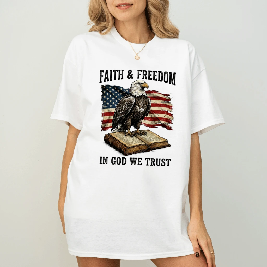 Faith & Freedom USA Patriotic Eagle T-Shirt - Inspirational Bible Verse 4th of July Gift for Him & Her - back view