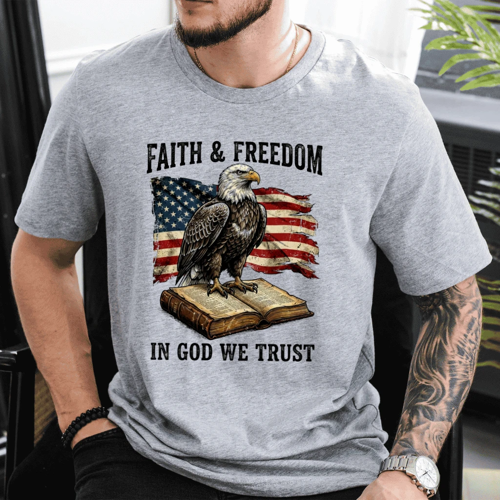 Faith & Freedom USA Patriotic Eagle T-Shirt - Inspirational Bible Verse 4th of July Gift for Him & Her - detail view