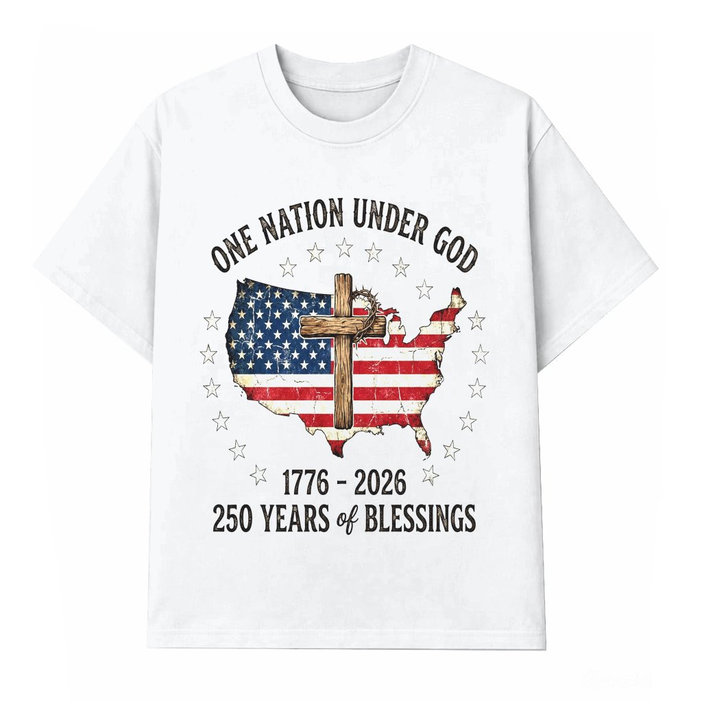 USA Flag One Nation Under God Shirt - 250 Years of Blessing T-Shirt - Patriotic Christian Gift for Him & Her - front view