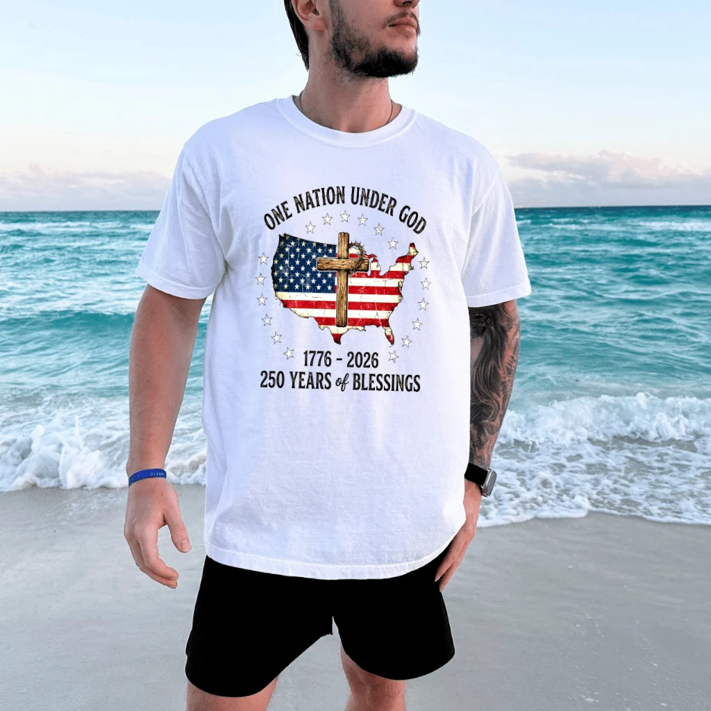 USA Flag One Nation Under God Shirt - 250 Years of Blessing T-Shirt - Patriotic Christian Gift for Him & Her - detail view