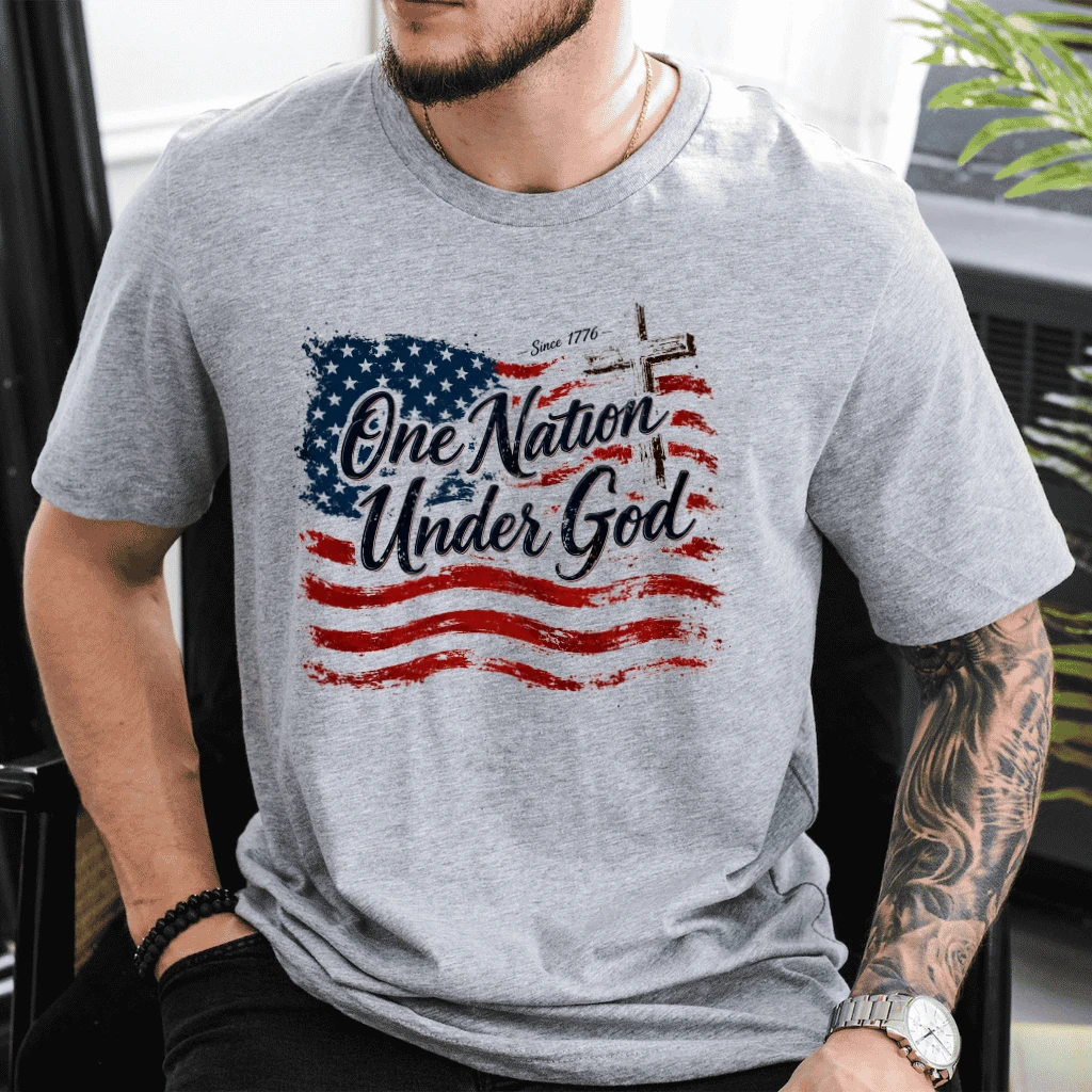 USA 250th Anniversary T-Shirt - One Nation Under God USA Flag Gift for Him & Her - detail view