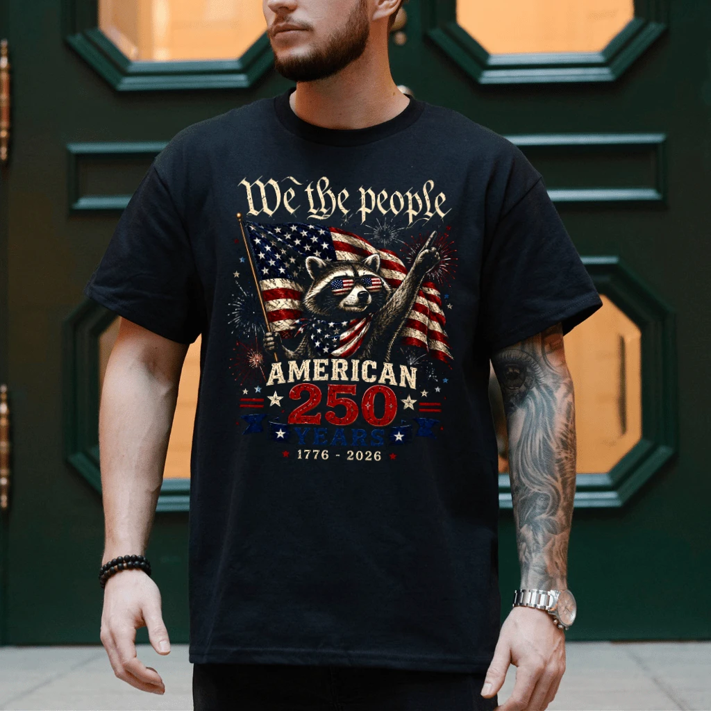 We The People Patriotic Raccoon T-Shirt - American 250 Years Independence Day Gift for Raccoon Lover - detail view