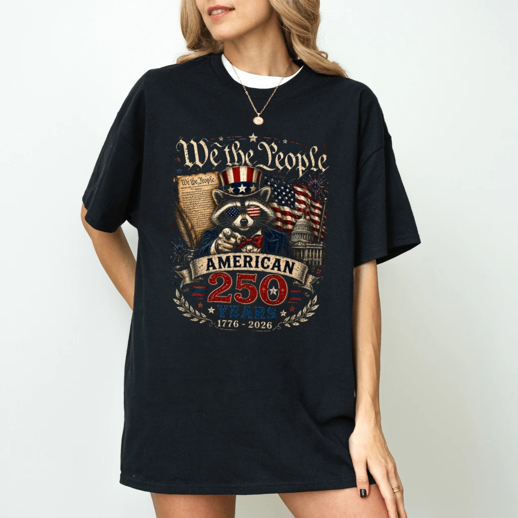 Uncle Sam Raccoon We The People American 250 Years T-Shirt - USA 250th Anniversary Gift for Him & Her - detail view