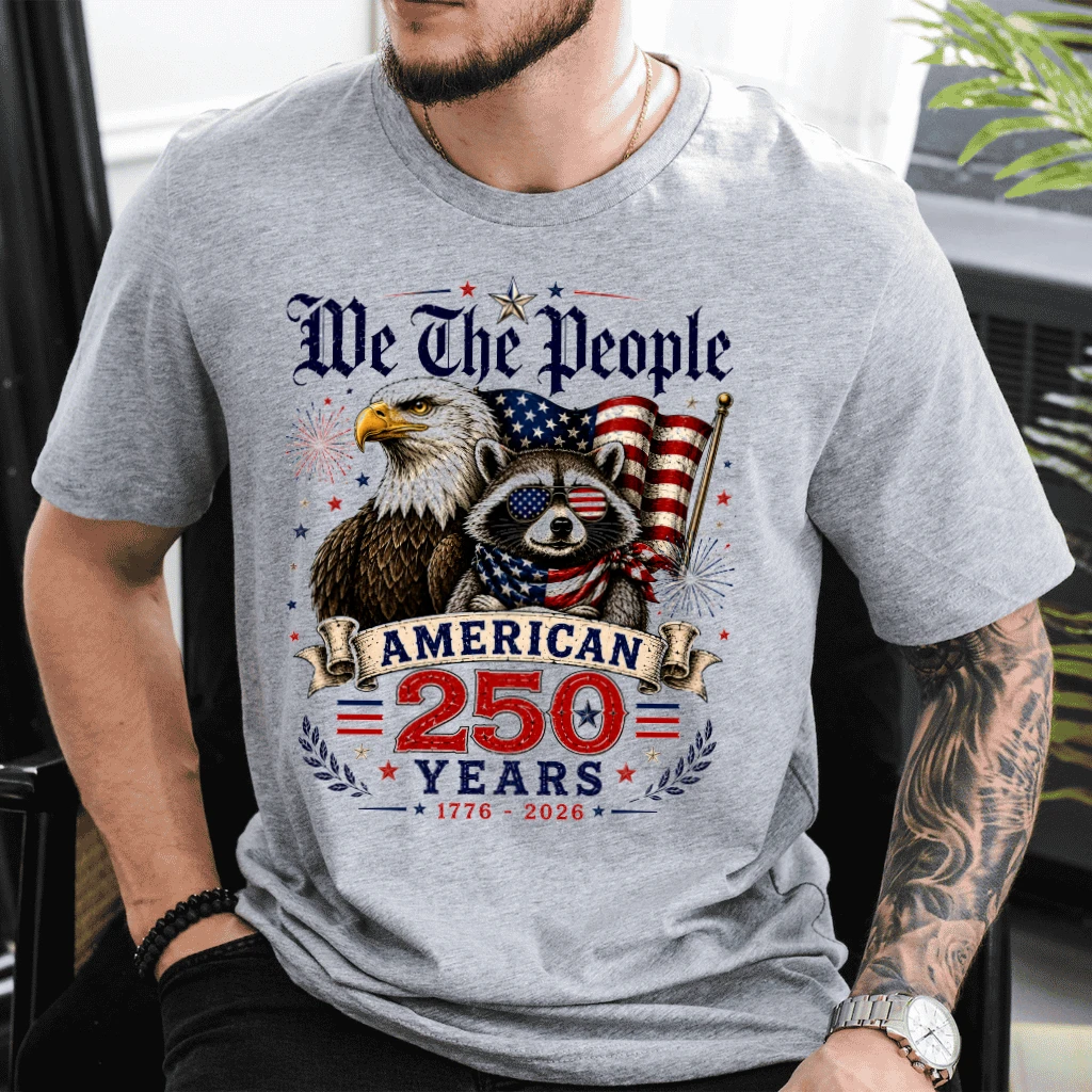 We The People American 250 Years T-Shirt - Freedom Eagle And Raccoon Patriotic USA Gift for Him & Her - detail view