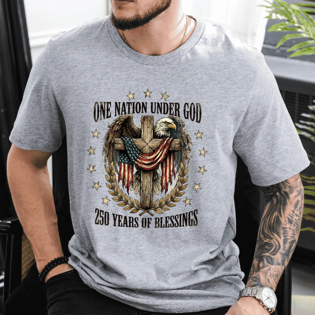 Vintage One Nation Under God T-Shirt - 250 Years Patriotic Christian Gift for Him & Her - detail view