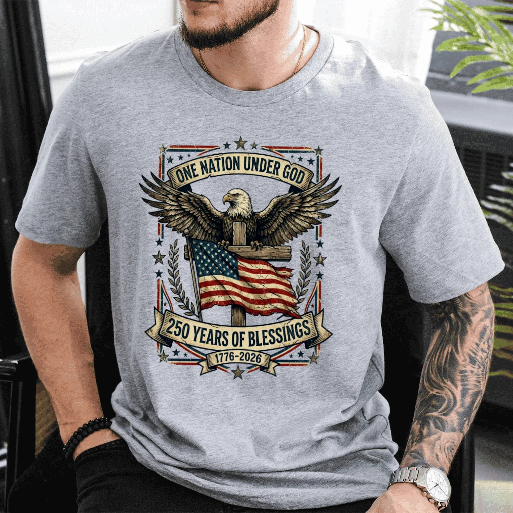 Patriotic Eagle One Nation Under God T-Shirt - 250th Independence Gift for Him & Her - detail view