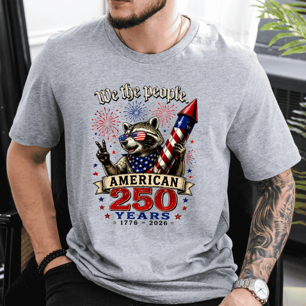 We The People USA Fireworks Patriotic Raccoon T-Shirt - 250 Years Gift for Him & Her - detail view