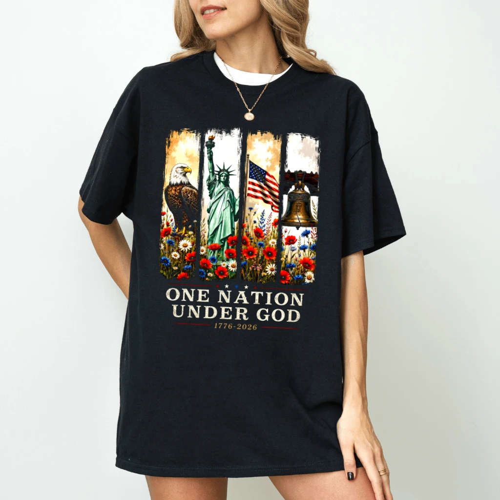One Nation Under God T-Shirt - Patriotic Christian Gift for Her - back view
