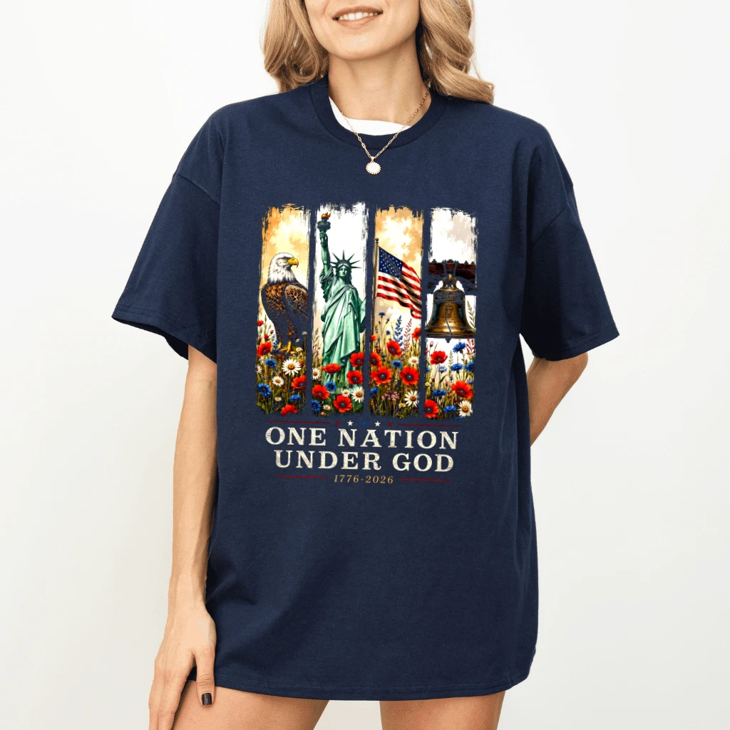 One Nation Under God T-Shirt - Patriotic Christian Gift for Her - detail view