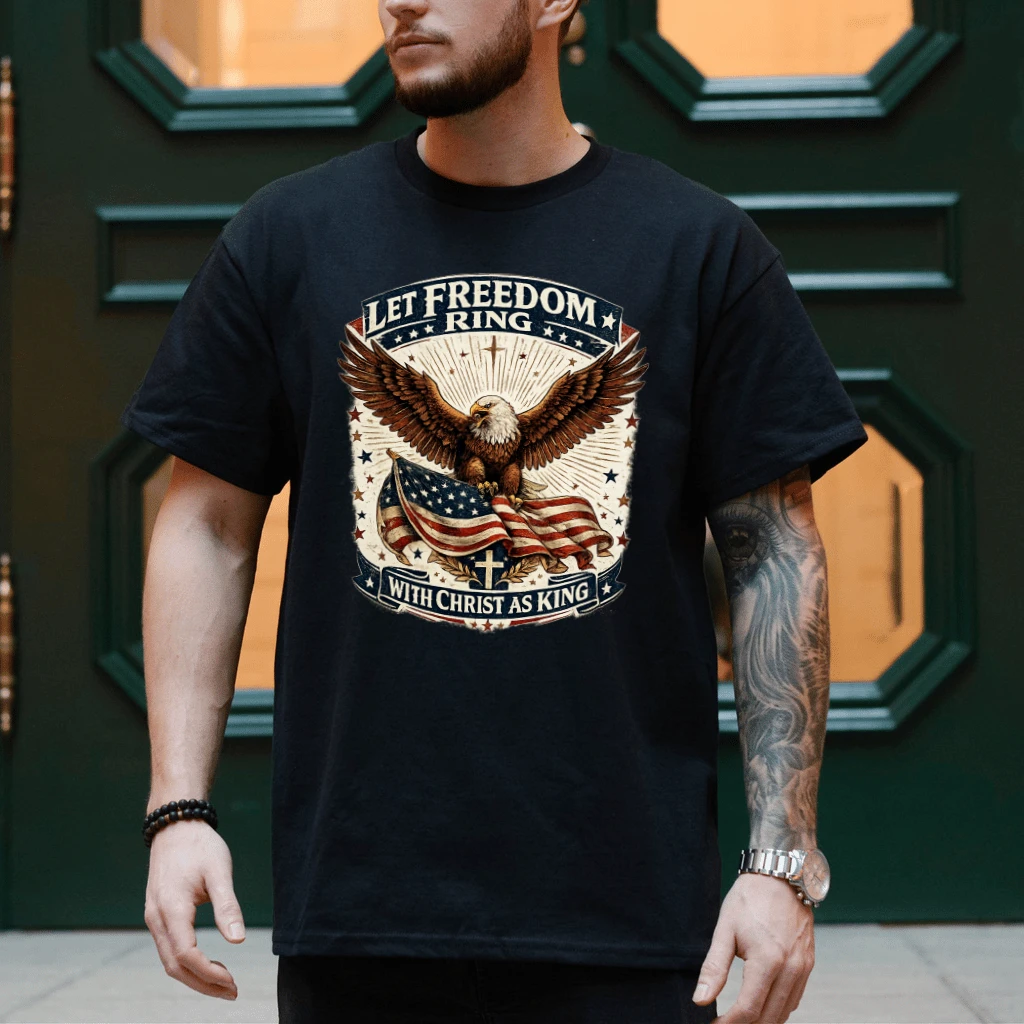 Let Freedom Ring USA Patriotic Eagle T-Shirt - Patriotic Christian Gift for Him & Her - back view