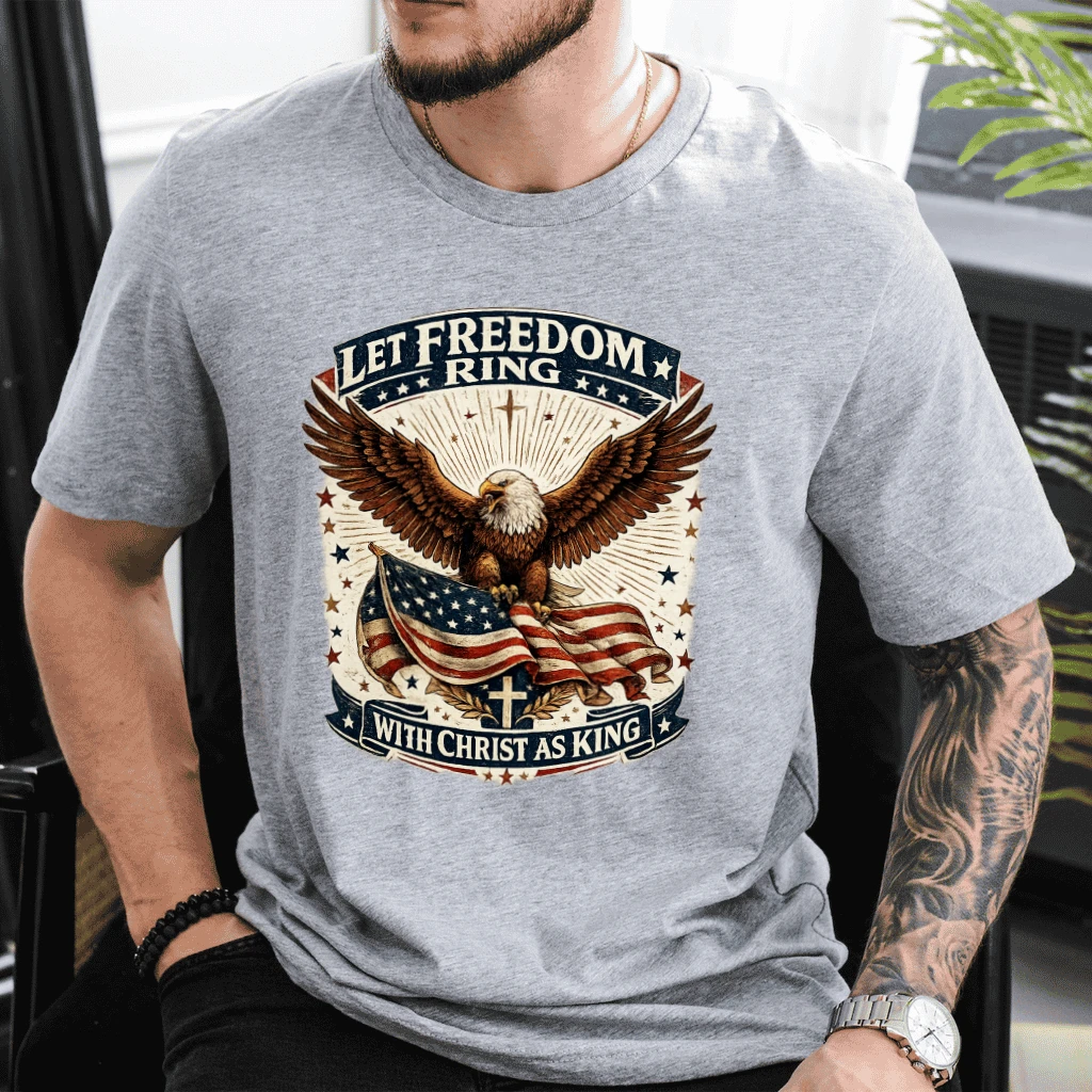 Let Freedom Ring USA Patriotic Eagle T-Shirt - Patriotic Christian Gift for Him & Her - detail view