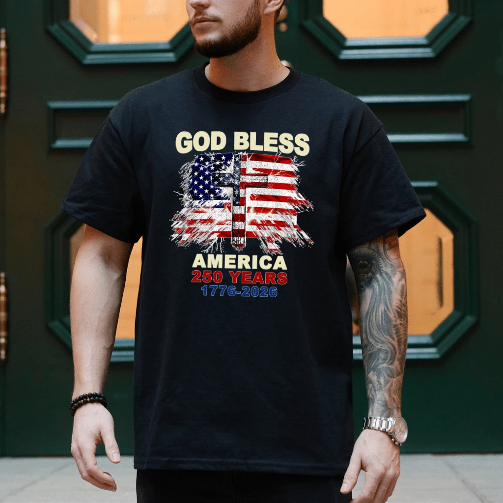 Distressed USA Flag Cross God Bless America 250 Years T-Shirt - Patriotic Christian Gift for Him & Her - back view