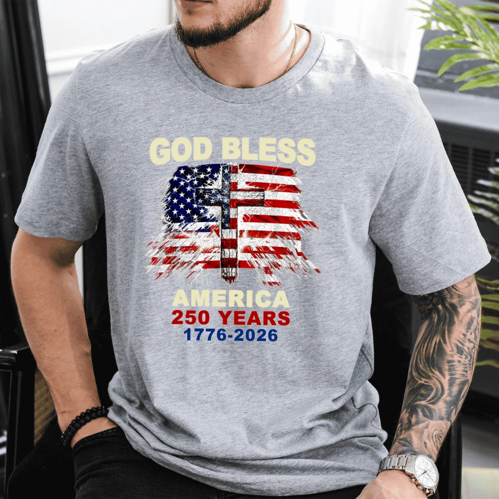 Distressed USA Flag Cross God Bless America 250 Years T-Shirt - Patriotic Christian Gift for Him & Her - detail view