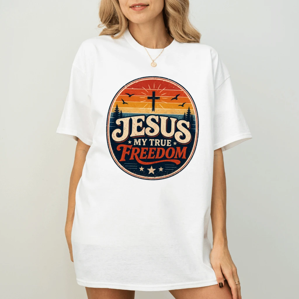 Retro Sunset Christian Faith Shirt - Jesus Is My True Freedom T-Shirt - Faith Gift for Jesus Lover - back view
